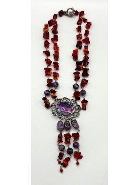 Vintage Abalone Pendant Necklace With Red Agate & Amethyst Statement